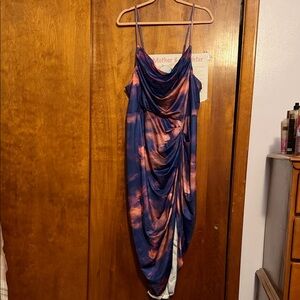 SHEIN Navy and Rose Tie-Dye Draped Cowl Midi Dress